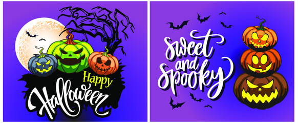 Halloween pumpkin with funny scary faces different shapes and colors, Idea for flyers and banners, creative illustration design