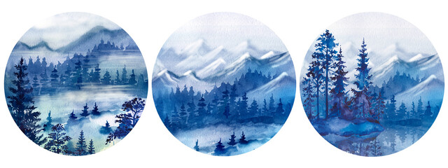 Watercolor set with the image of the forest. Forest, trees, pines, mountains. Nature, forest decor, round, decorative. Blue forest, evening.