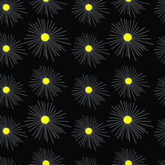 Sun dandelion chamomile daisy seamless pattern. Summer black yellow flower rays. Colourful sunlight. Plant bloom. Fireworks at night sky. Hand drawn illustration. 