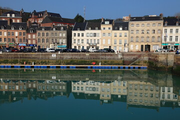 Small fishing town harbor in Normandy France