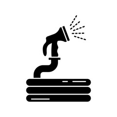 Silhouette of Garden hose with water spray. Outline icon of folded flexible rubber hose with plastic cap for irrigation. Black illustration for horticulture. Flat isolated vector on white background