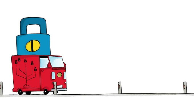 Animation of the hand drawn red truck with lock on the roof 
