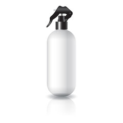 Blank white oval round cosmetic bottle with black spray head for beauty or healthy product.