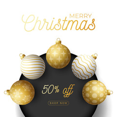 Luxury Christmas sale square banner. Christmas card with ornate black, gold and white realistic balls on black circle and white modern background. Vector illustration. Place for your text