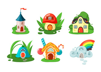 Fototapeta premium Toy fairy houses set. Mushroom door and windows small two story cottage with colored flags magical blue tulipcozy elfs yellow gingerbread bungalow with sweets raindrops manor rainbow. Cartoon vector.