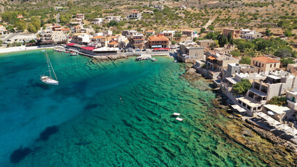 Fototapeta na wymiar Aerial drone photo of picturesque fishing village of Gerolimenas with crystal clear emerald sea and traditional Lakonian architecture, Mani peninsula, Peloponnese, Greece