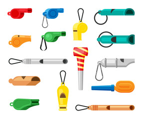 Colored whistles set. Green warning tools soccer referee signal red tool attention for sporting events yellow police safety protection loud orange exercise signal. Vector art blowing.