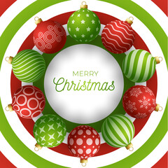 Christmas square promo banner. Holiday vector illustration with realistic ornate red and green Christmas balls on circle stripe background.