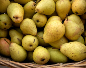 Natural background with yellow Pears in a basket