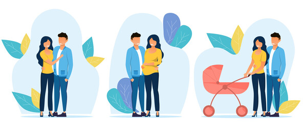 3 illustrations showing scenes from the couple s life. Flat vector illustration