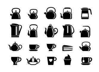 Teapots and electric kettles silhouette set. Plastic devices for quickly boiling water metal rounded shapes heated gas wood cups with hot drink and sweets modern ceramic glass. Silhouette vector.