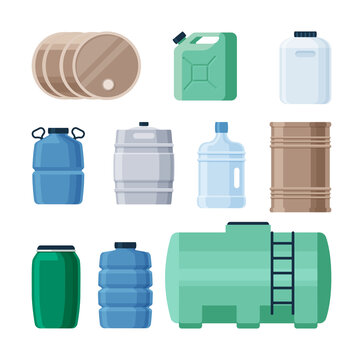 Plastic and iron containers liquid set. Production barrels for storing gasoline oil green canister with chemicals transparent blue dense bottles large volumes of drinking water. Vector flat style.