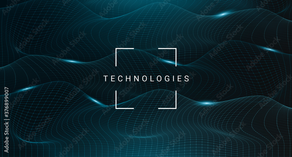 Poster Technologic Background With Framed Technologies Lettering Over Abstract Mesh Waves, Futuristic Illustration
