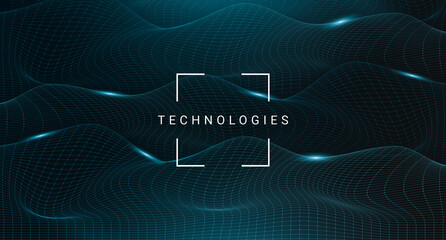Technologic Background With Framed Technologies Lettering Over Abstract Mesh Waves, Futuristic Illustration