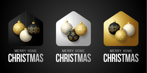 Set of Luxury gold Merry Home Christmas 2020 Card with Funny Vector Minimalist christmas balls. staying at home badge in Quarantine. COVID-19 Reaction.