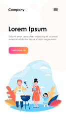 Family with kids grilling barbecue meat outdoors. Picnic, children, parents flat vector illustration. Leisure, summer, food concept for banner, website design or landing web page