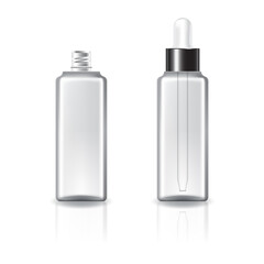 Clear square cosmetic bottle with white dropper black lid for beauty or healthy product.