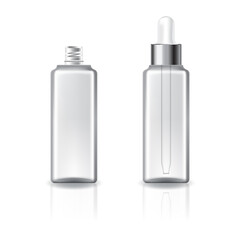 Clear square cosmetic bottle with white dropper silver lid for beauty or healthy product.