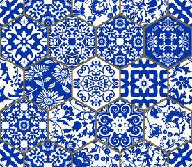 Vintage seamless pattern in Portugal style. Azulejo. Seamless patchwork tile in blue and white colors. Endless pattern can be used for ceramic tile, wallpaper, linoleum, textile, web page background