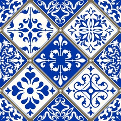 Vintage seamless pattern in Portugal style. Azulejo. Seamless patchwork tile in blue and white colors. Endless pattern can be used for ceramic tile, wallpaper, linoleum, textile, web page background