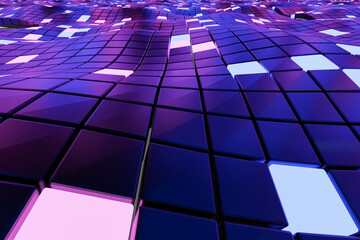Fantastic abstract background of cubes and light panels. 3D illustration.