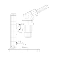 Wireframe of a microscope made of black lines isolated on a white background. Desktop microscope. Side view. 3D. Vector illustration
