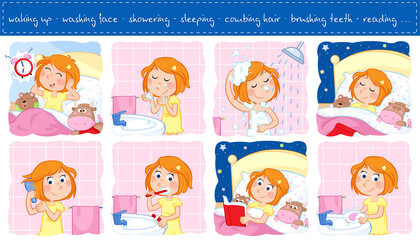 Good morning and good night - Daily routine actions of a lovely little girl with ginger hair - Set 
