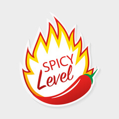 Spicy level sticker on white background. Vector illustration design. Burning hot.