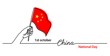 China National Day background with chinese flag and hand. Simple vector web banner. One continuous line flag drawing with lettering China.