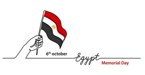Egypt Memorial Day background with egyptian flag and hand. Simple vector web banner. One continuous line flag drawing with lettering Egypt.