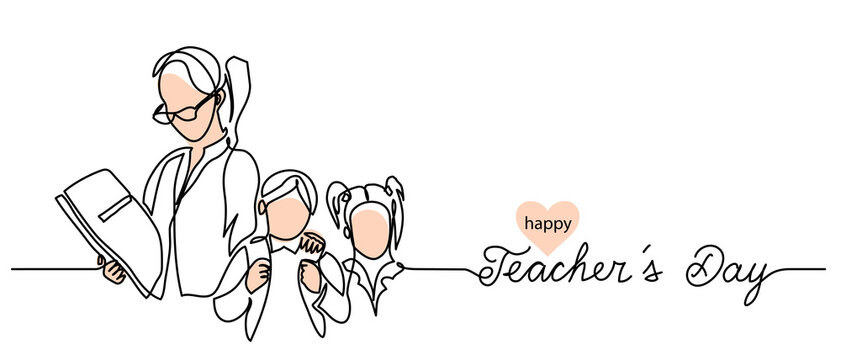 Teachers day background with children and woman illustration. Simple vector web banner. One continuous line drawing with lettering happy Teachers day.