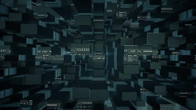 HUD technological background.Broadcast design.Sci Fi futuristic intro.Cubes with HUD digital infographic elements.Type 2