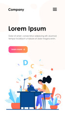 Female writer using retro typing machine. Young woman inspiring with idea, writing creative article at her workplace. Vector illustration for creative crisis, copywriting, vintage concept