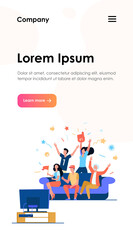 Football fans watching match on TV. Friends sitting on couch and celebrating soccer team winning or goal. Vector illustration for championship, leisure at home, sport game supporter concept