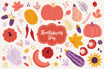 Thanksgiving Day design elements - maple leaves, pumpkins, eggplant, pepper, flowers