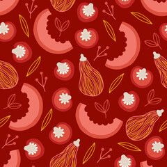 Thanksgiving Day seamless pattern with pumpkin slices, berries, paprika, leaves