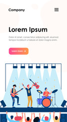 Famous rock band playing music and singing at stage flat vector illustration. Cartoon crowd of people standing near scene and waving hands. Concert and performance concept