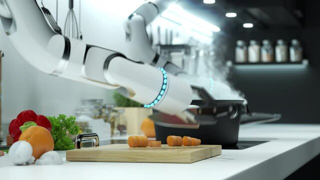 Robot prepares lunch. Robot hand cuts carrot, throws it into boiling water. Animation. 4k