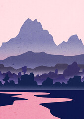 abstract minimalism landscapes illustration with mountains. flat simple illustration. paper texture