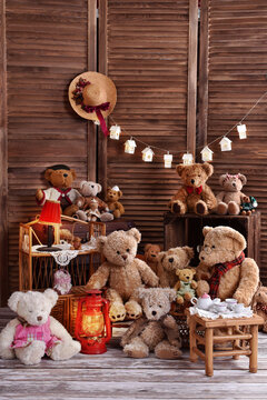 Vintage Teddy Bear Family Sitting At The Tea Table