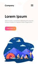 Children at campfire in mountain forest flat vector illustration. Cartoon scouts camping, sitting near fire and frying marshmallow. Adventure and summer vacation concept