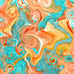 Turquoise orange with golden veins marble texture. Abstract liquid paint background. Trendy surface, luxurious material design, digital illustration