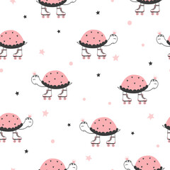 Seamless vector pattern with cartoon skating turtles.
