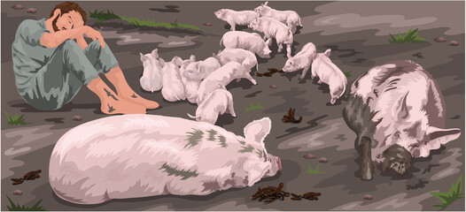 The Prodigal Son Is Sent Into The Fields To Feed The Pigs But No One Gives Him Anything (Luke 15) © Annalisa