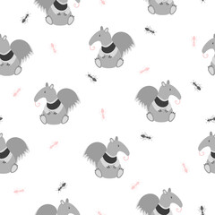 Seamless pattern with cute ant-eater and ants. Baby print with funny animals.