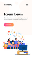 Cartoon happy family watching television together isolated flat vector illustration. Mother, father and kids relaxing on couch at home. Technology, lifestyle and entertainment concept