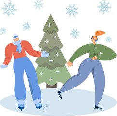 Vector illustration of a man and women skating on the ice rink near the Christmas tree.