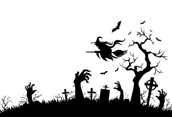 Halloween poster with horror elements: cemetery, grave, cross, zombie hands, bat, witch flies on broomstick. Illustration, vector on transparent background