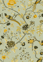  Floral vintage seamless pattern with flowers and birds. yellow, gold color. Oriental style. Vector illustration art. For design textiles, wrapping paper, wallpaper.
