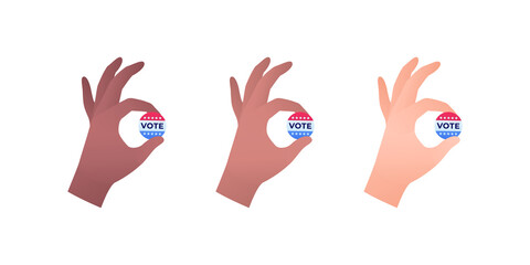 Democratic vote and election day concept. Vetcor flat illustration set. Human hand hold vote cirlce sign. Multiethnic skin color isolated on white. Design for american campaign, web, infographic.